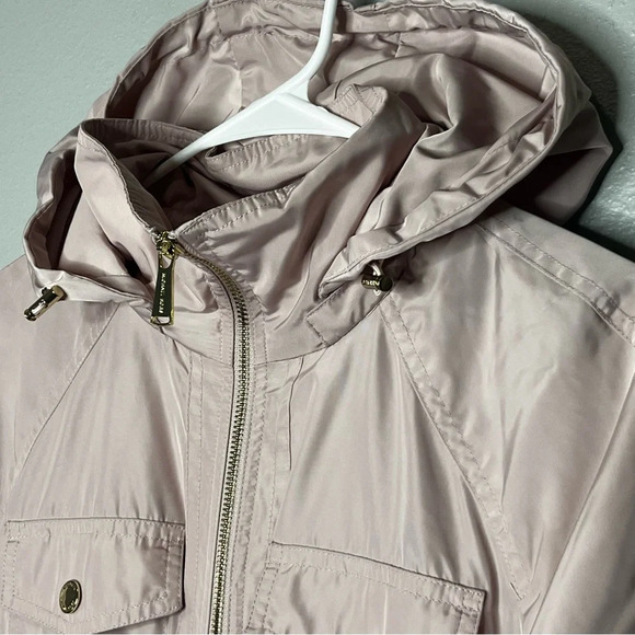 Michael Kors Jacket Women Medium Pink Gold Accents Hooded Zip Up Coat Adj Waist - Picture 7 of 13